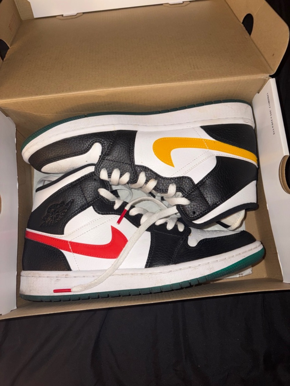 Jordan Sneakers Black White with Red and Yellow Swooshes